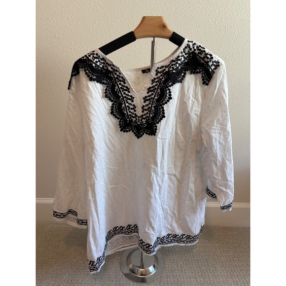 Talbots Tops - Talbots Embroidered Tunic Women XL White Black Lace Eyelet Boho Cotton Top